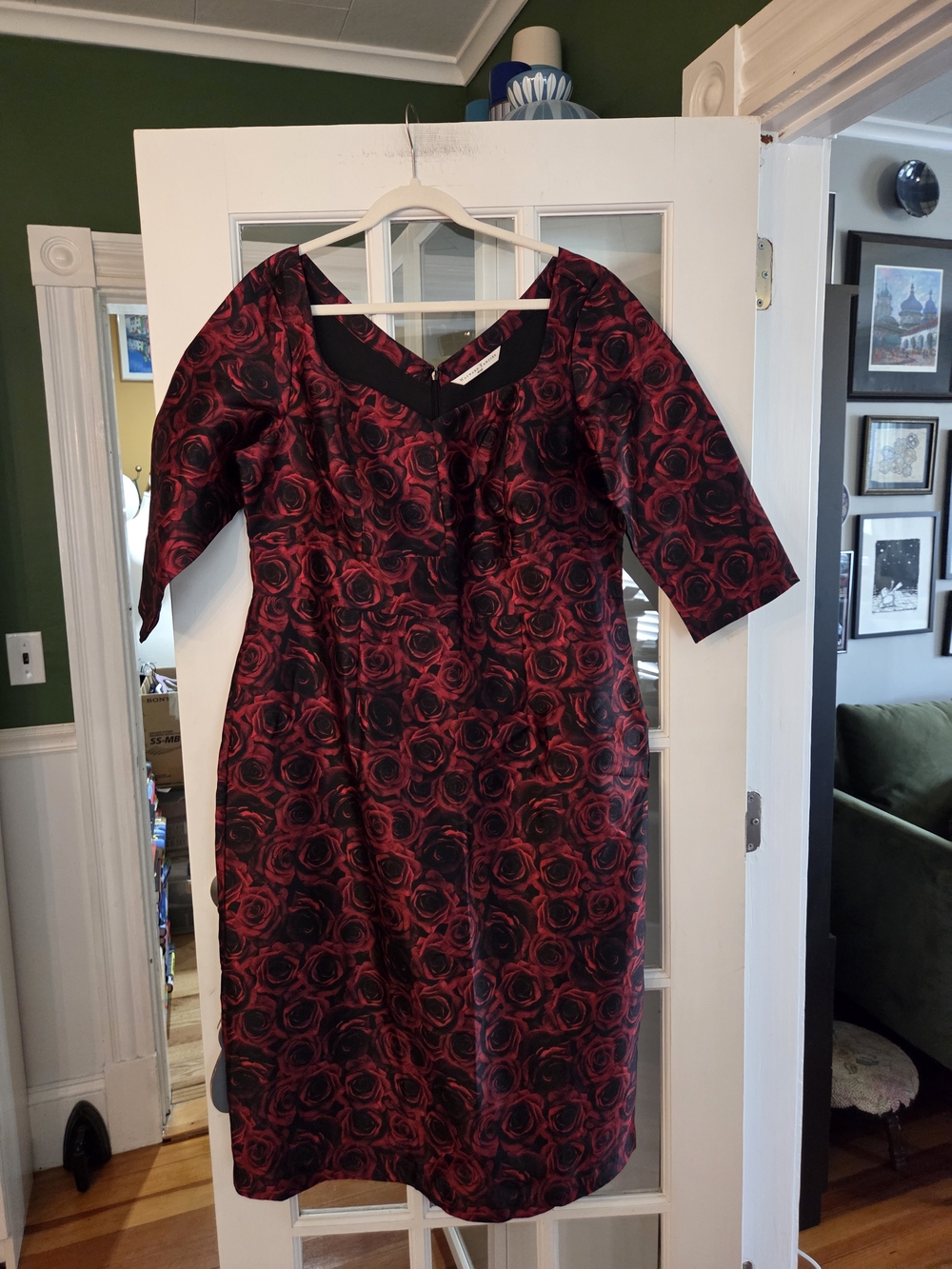 Wayward Fancies Red Rose-Print Midi Dress with V-Neck - Size 16W